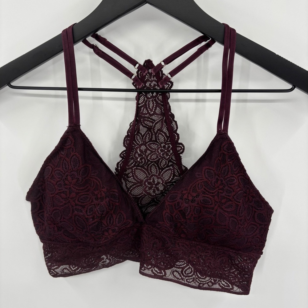 Aerie Lace Bralette Medium Burgundy Purple Racerback Pads Included Comfortcore